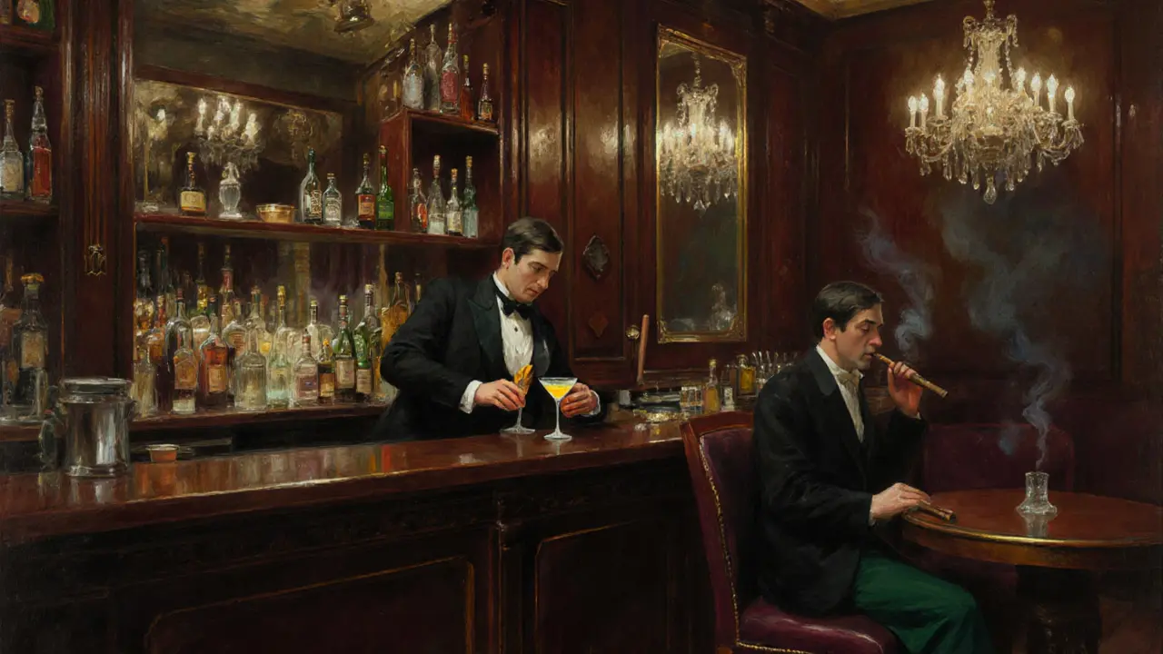 Interior of Bar 1920 with a bartender in a tailcoat pouring a cocktail under antique mirrors and soft golden lighting.