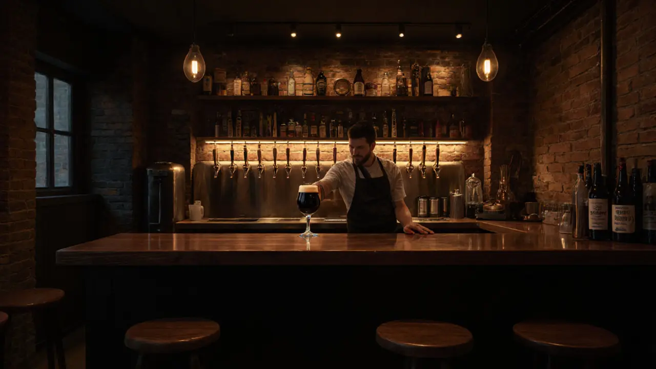 Intimate craft beer bar with 18 taps pouring dark stout, wooden stools and exposed brick interior.