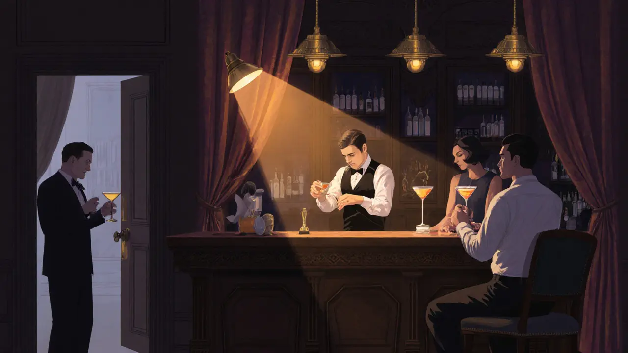 Intimate jazz lounge with piano, bartender, and patrons sipping sophisticated cocktails in soft light.