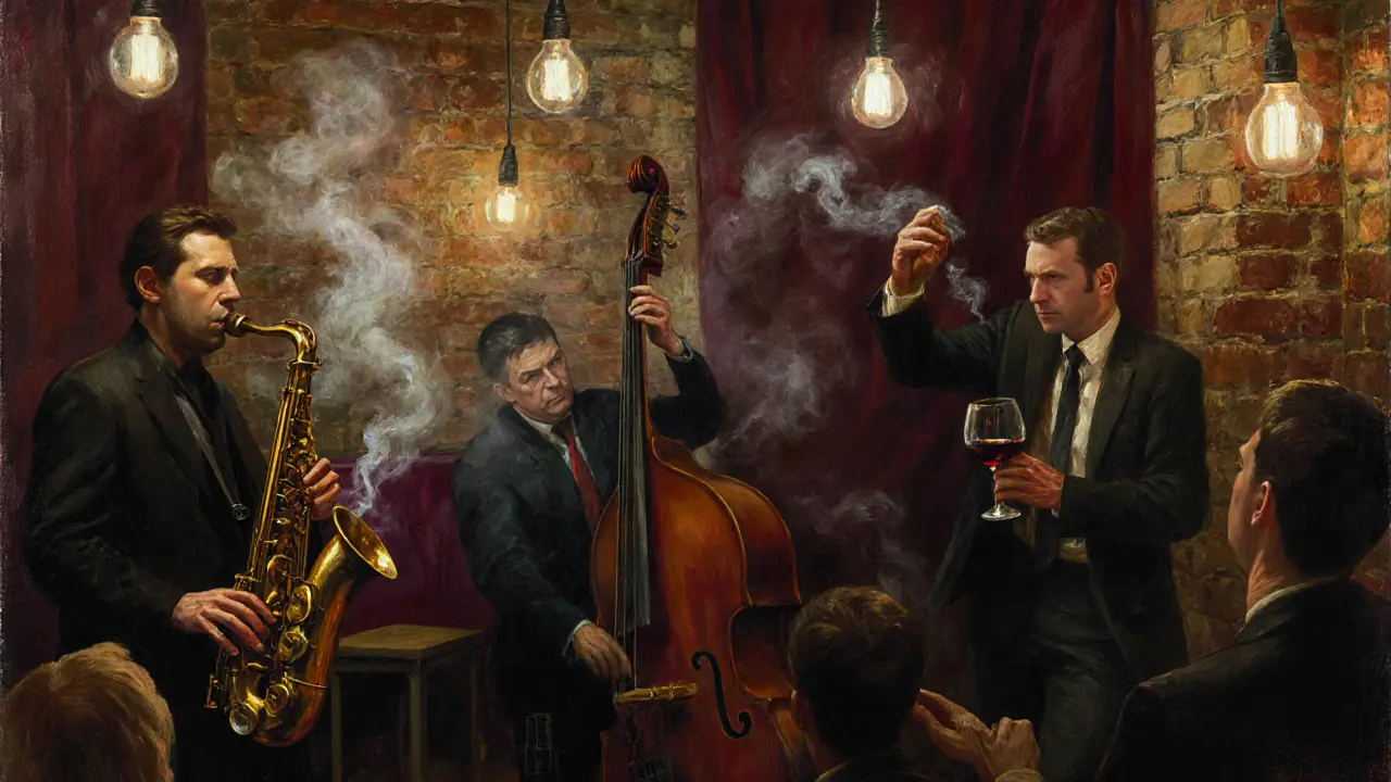 Jazz musicians performing in a smoky cellar bar with patrons swaying to the music.