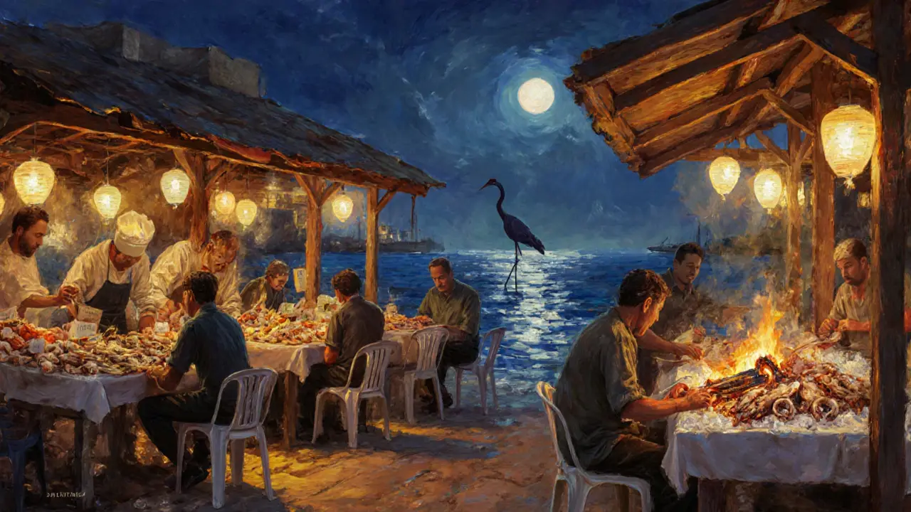 Local diners enjoying grilled seafood at Al Mina Fish Market under lanterns by the harbor.