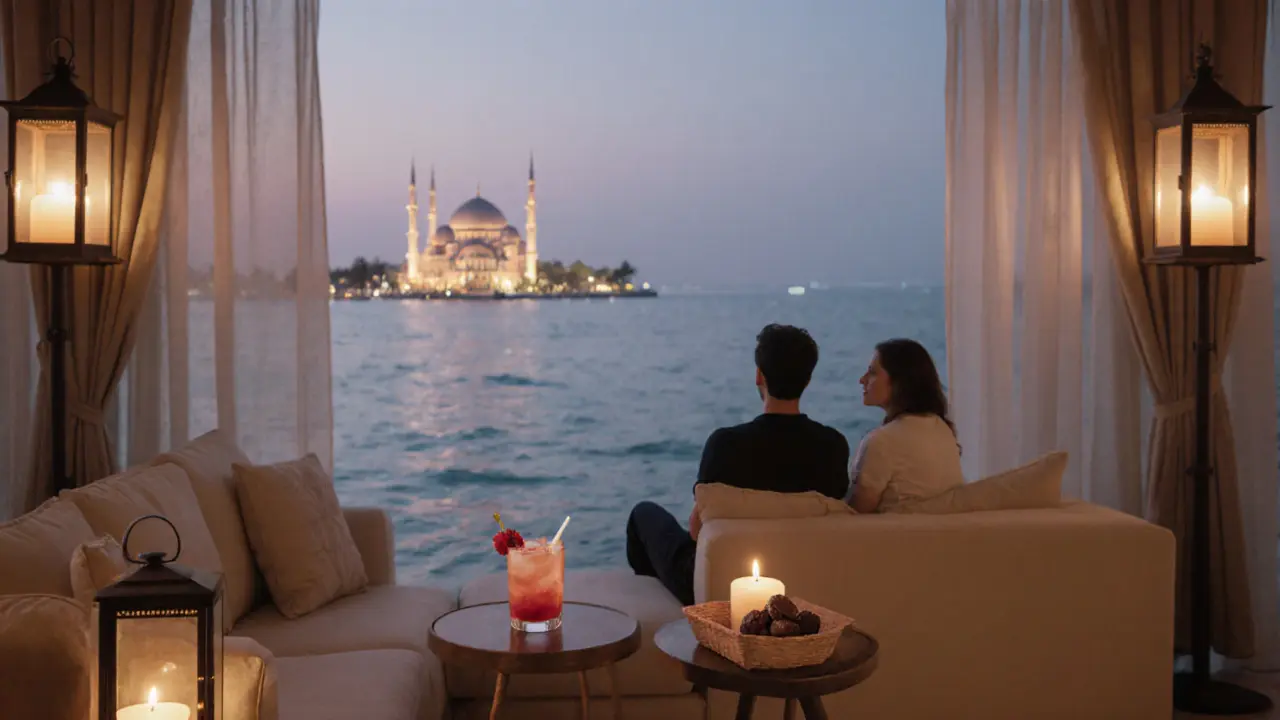 Peaceful beach lounge at dusk with soft lighting, couples relaxing on sofas beside the calm Arabian Gulf.
