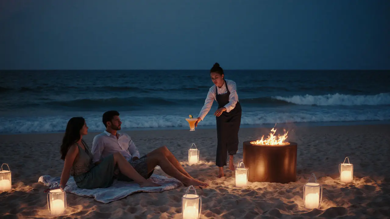 People relaxing on sandy beach lounges with lanterns and fire pits under the stars.