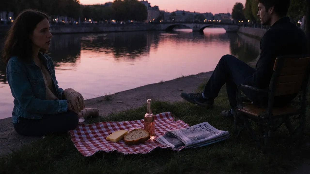 Picnic at Canal Saint-Martin at dusk with food and wine, no people visible, twilight reflection on water.