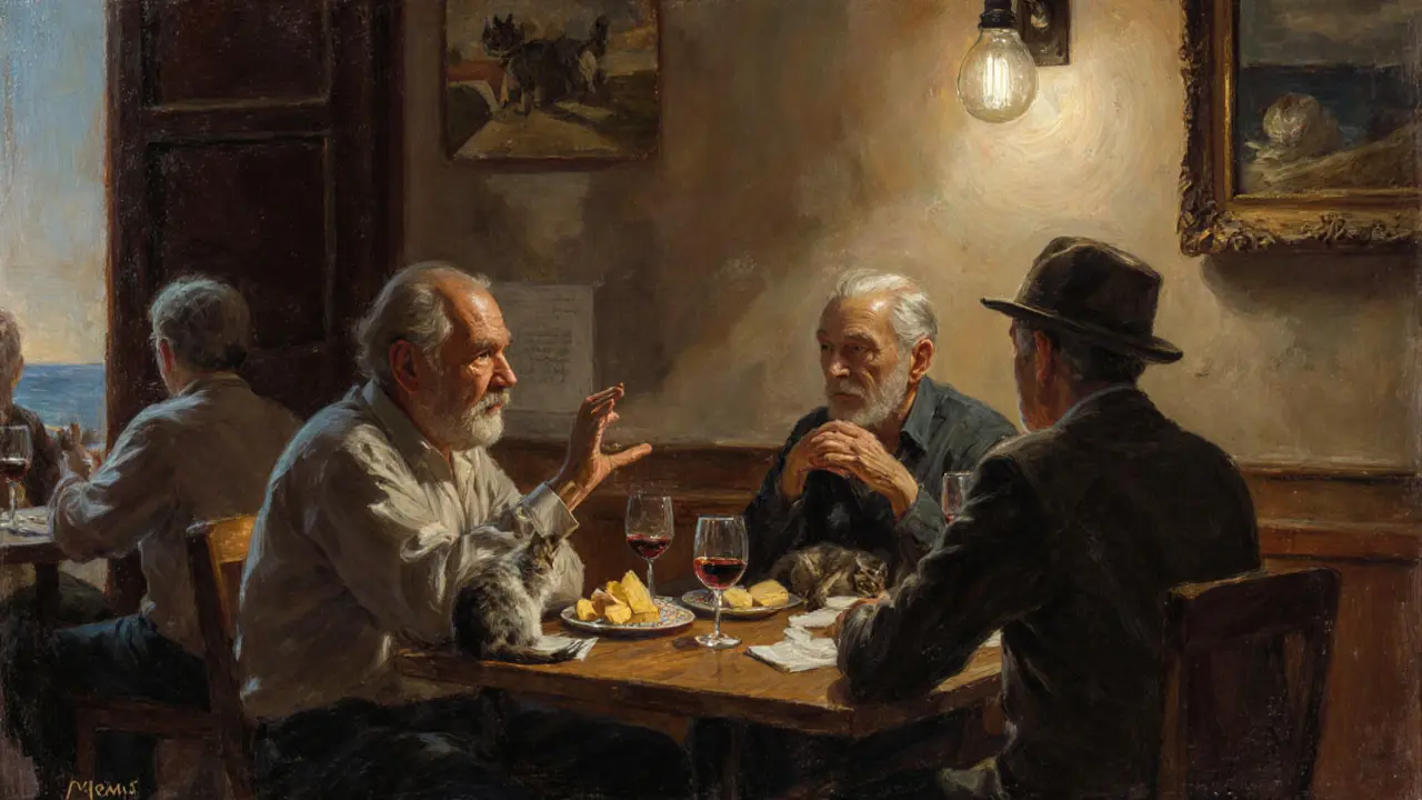 Quiet Old Town bar with locals sharing wine and cheese, bare bulb lighting, serene and unpretentious atmosphere.