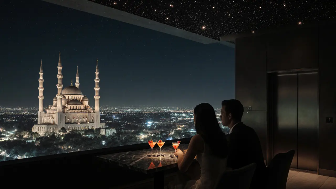 Rooftop bar high above the city, couple enjoying cocktails with a view of the illuminated Grand Mosque at night.