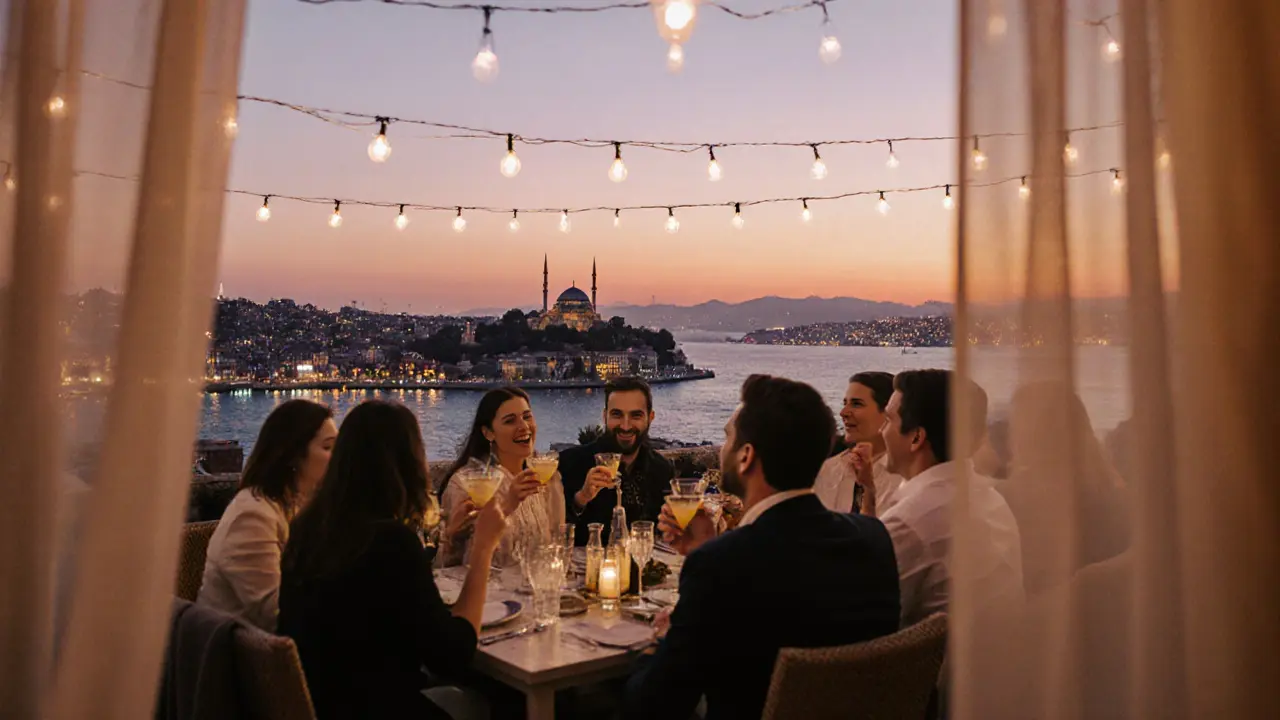 Rooftop bar Leb-i Derya at sunset with city lights and Galata Tower in the distance.