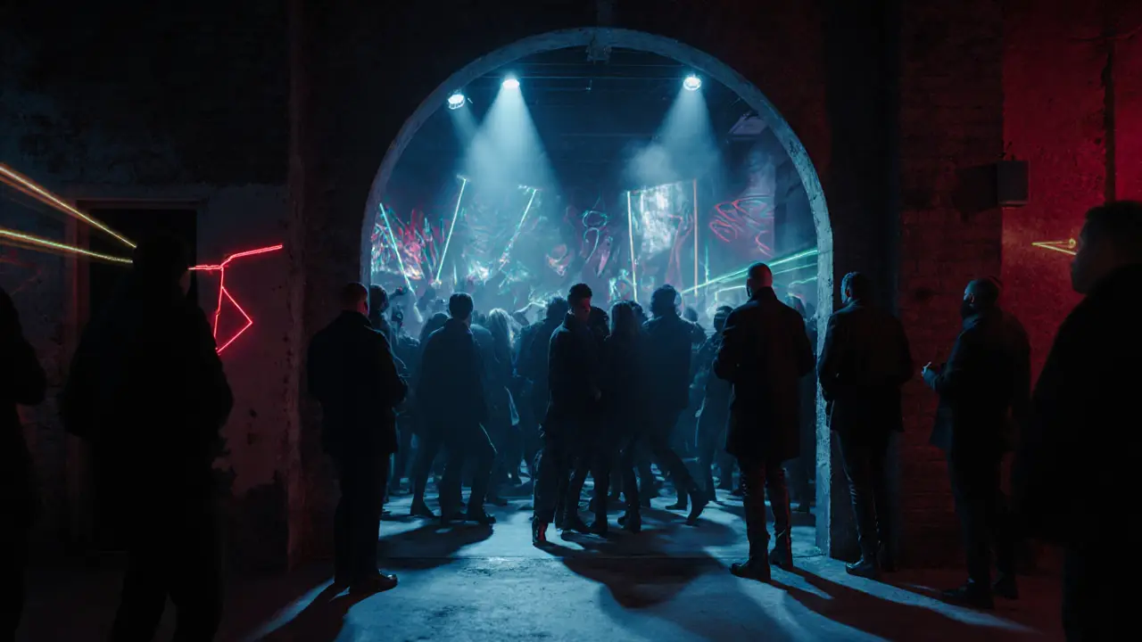 Silhouetted crowd at a hidden Milan nightclub with dramatic lighting and pulsing energy.
