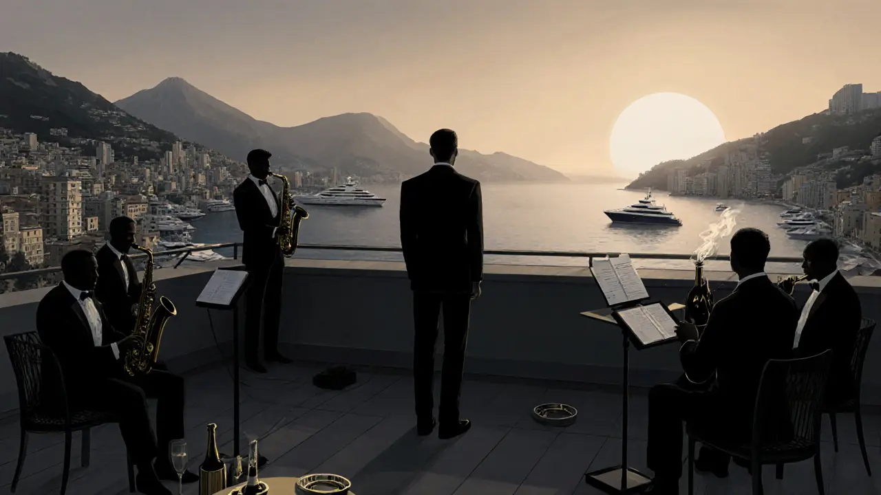 Silhouetted figure on a rooftop at dawn, jazz musicians playing softly, empty champagne bottles, and yachts on calm water.