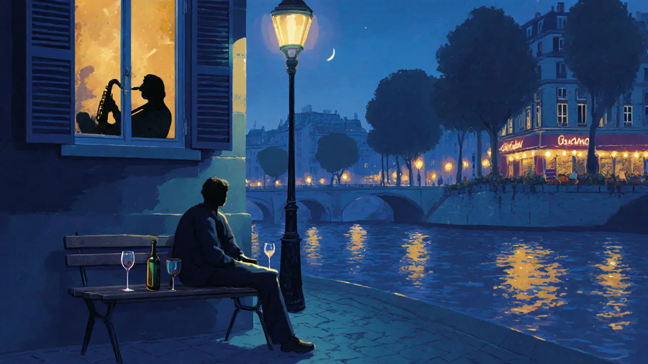 Someone sitting alone on a Seine bench at 2 a.m., listening to saxophone music under streetlights.