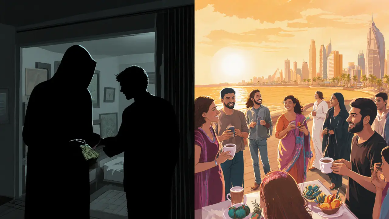 Split image: shadowy illegal encounter vs. vibrant cultural art walk under golden sunset.