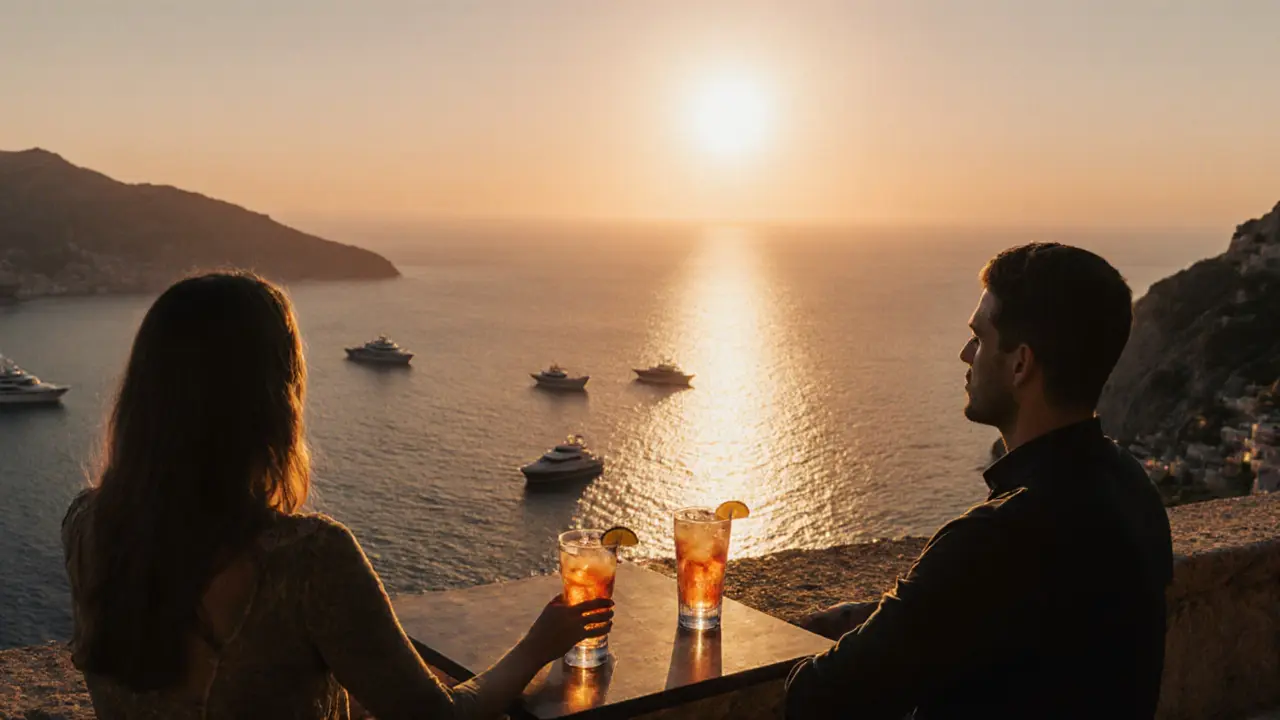 Sunset at Blue Bay terrace with cocktails and yachts on the Mediterranean horizon.