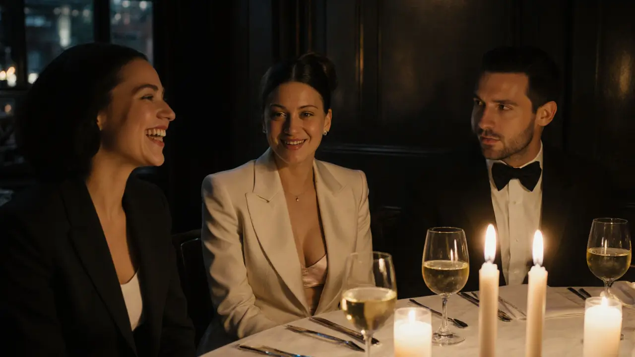 Three diverse individuals enjoying a quiet dinner together in a London restaurant.