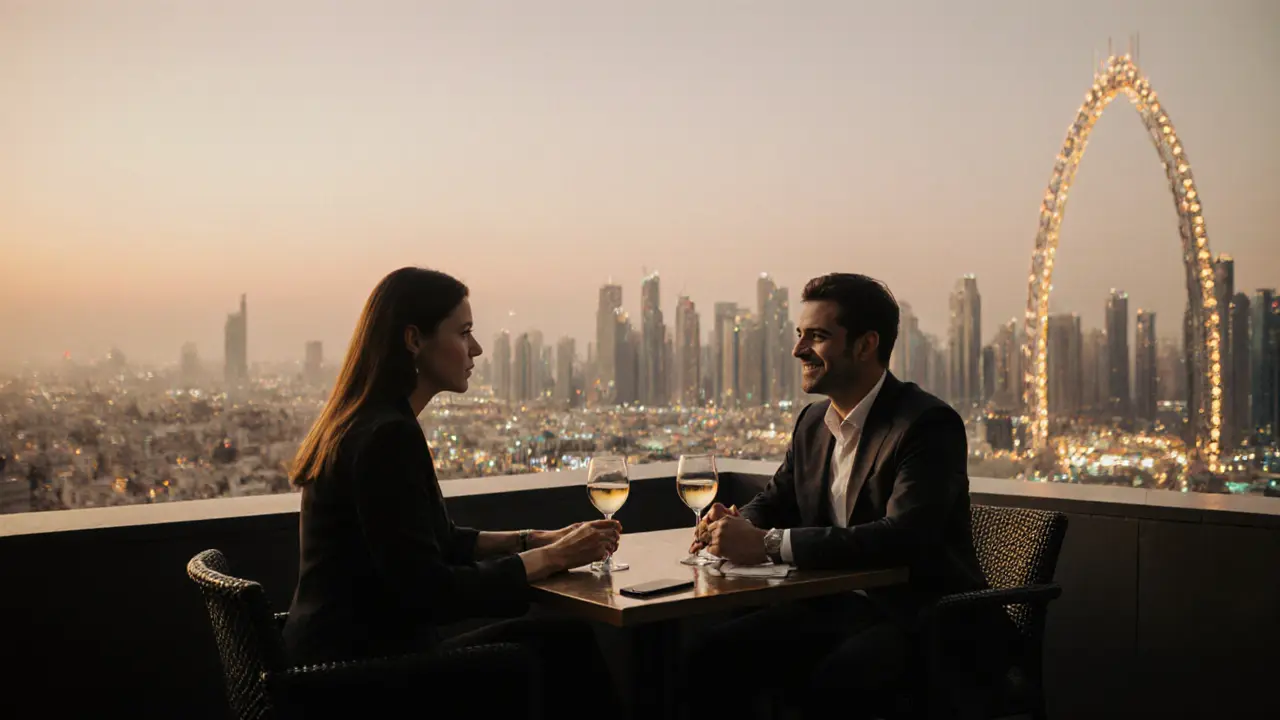 Two elegantly dressed individuals conversing softly at a rooftop lounge in Dubai at sunset.