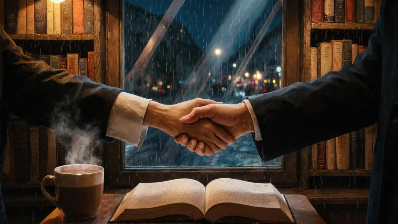 Two hands touching over a book in a cozy bookstore, warm light and rain on the window.