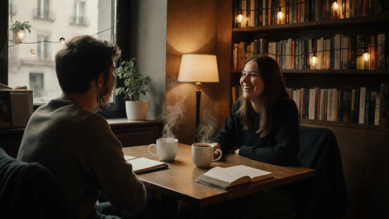Two individuals sharing quiet conversation in a cozy Berlin café over steaming coffee mugs.
