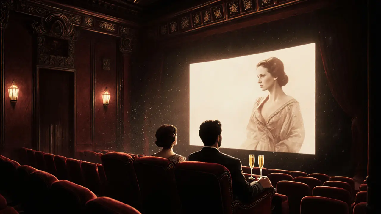 Two people quietly watching a film in the intimate, ornate La Pagode cinema.