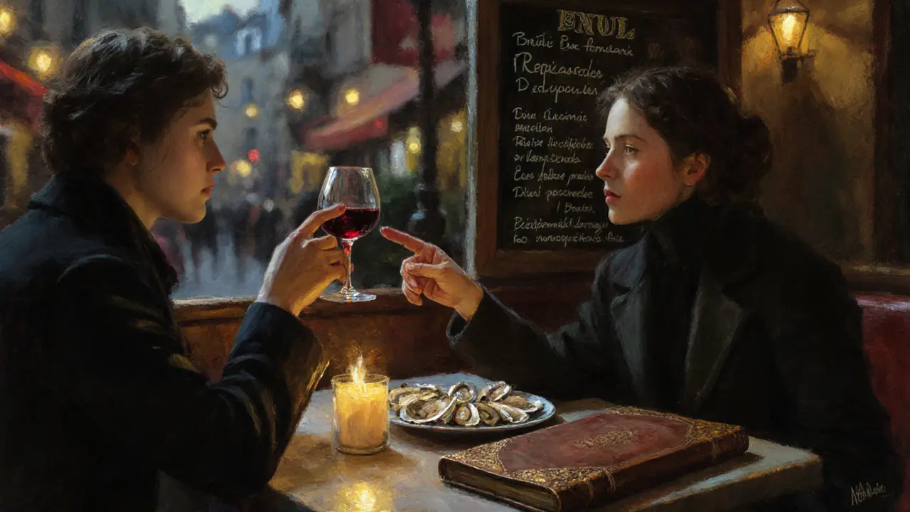 Two people share a quiet candlelit dinner in a cozy Parisian bistro, a poetry book open on the table.
