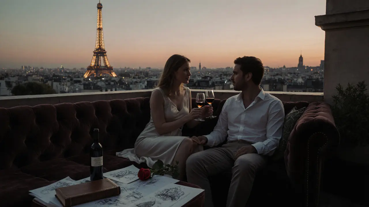 Two people share a quiet sunset on a Montmartre rooftop with wine, sketches, and the distant Eiffel Tower.