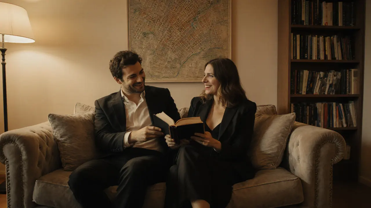 Two people sitting comfortably on a sofa, sharing a book and laughter in a well-appointed Milan apartment.
