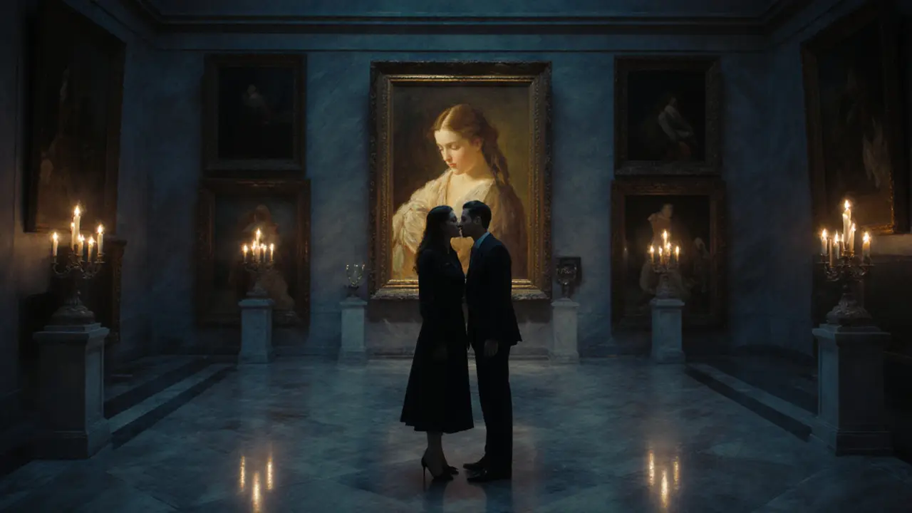 Two people standing before a Renoir painting in a quiet, candlelit museum, sharing a silent moment of awe.