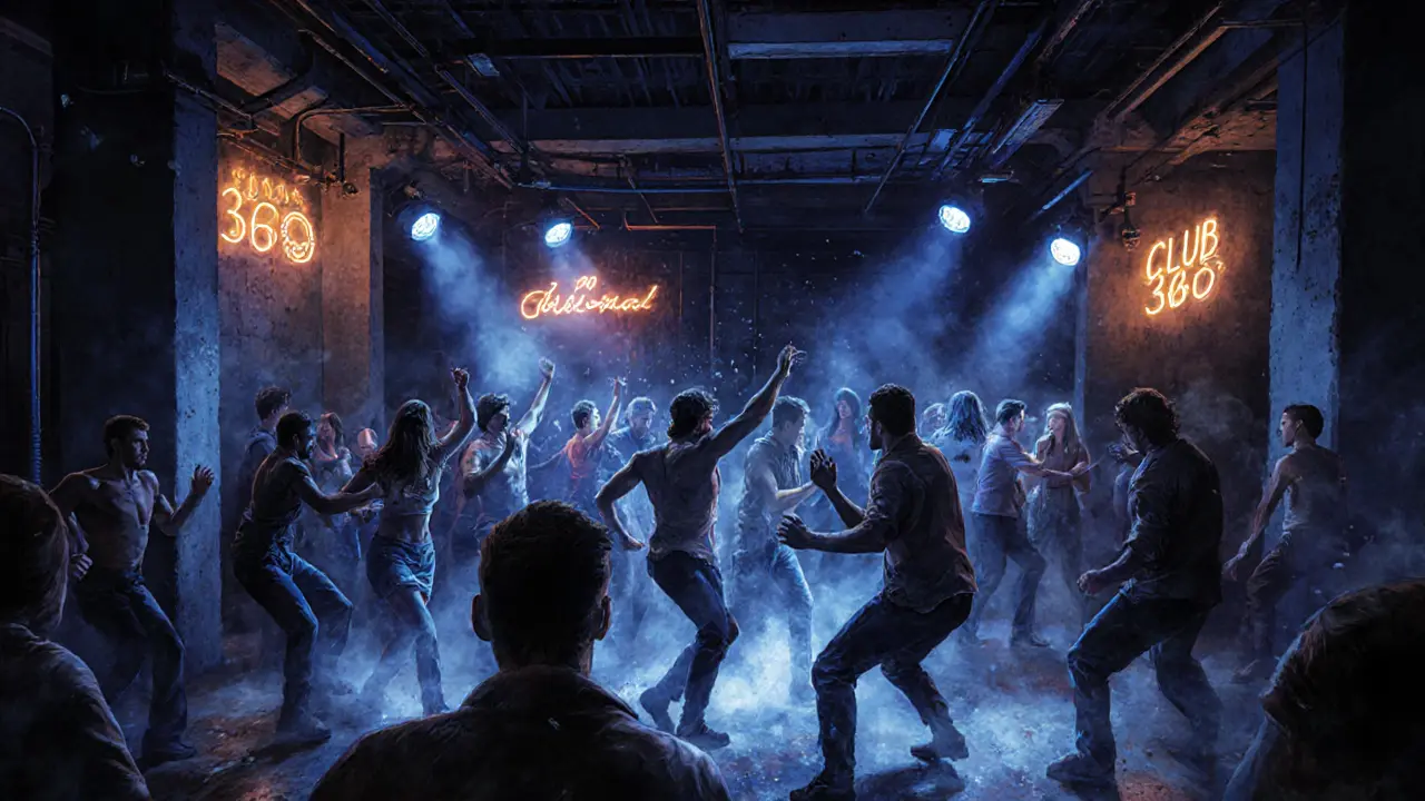 Underground club dancers in indigo neon light, sweat glistening, Turkish techno pulsing in a warehouse.