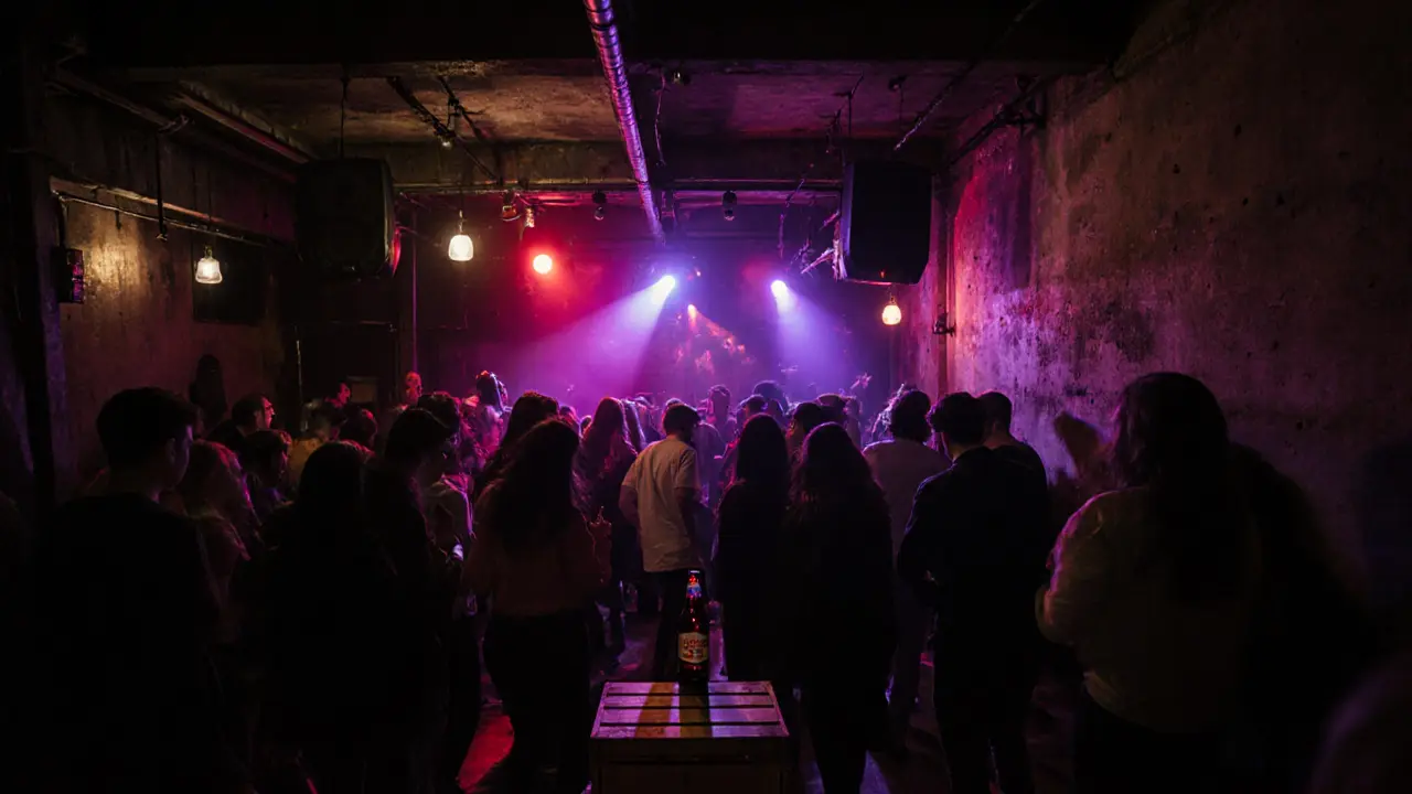 Underground club Karma with dim lighting, vibrant dancers, and industrial decor in Beyoğlu.