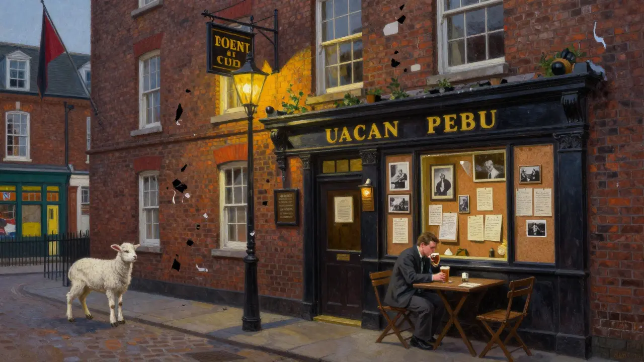 17th-century pub with bomb-scarred brick walls and gas lamps, wartime photos visible inside.