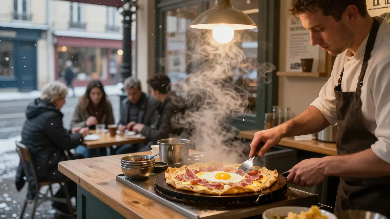 A 24-hour crêperie at dawn, serving savory galettes under warm light as snow falls outside.