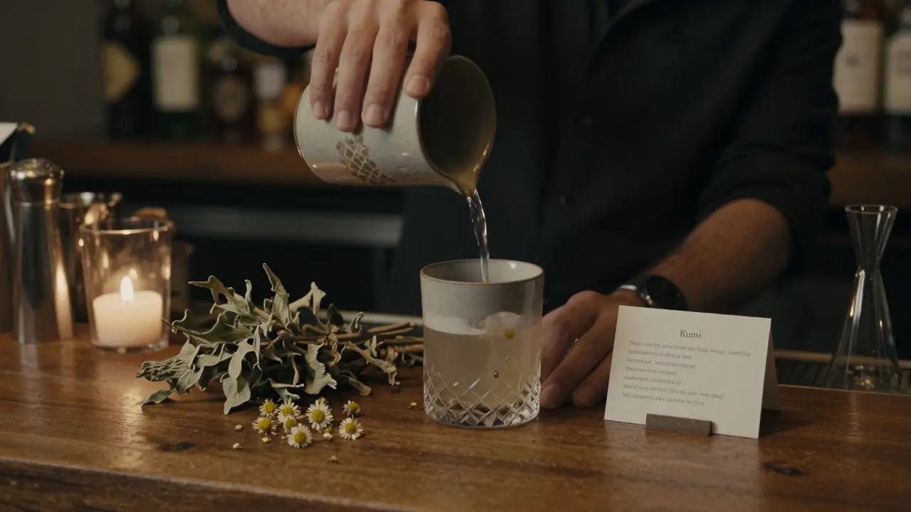 A bartender pouring a botanical non-alcoholic drink at a candlelit basement bar, with a poem card beside it.