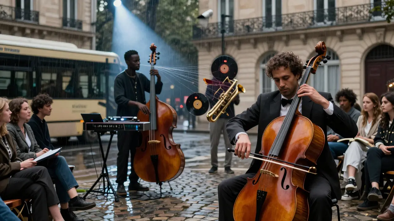 A cellist and turntablist perform together as a singer shines in spotlight amid fusion music.