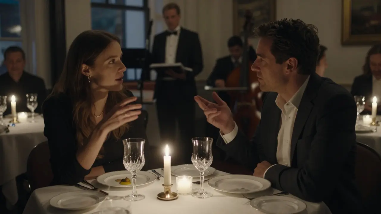 A couple enjoying a discreet dinner in a private Mayfair restaurant under soft candlelight.