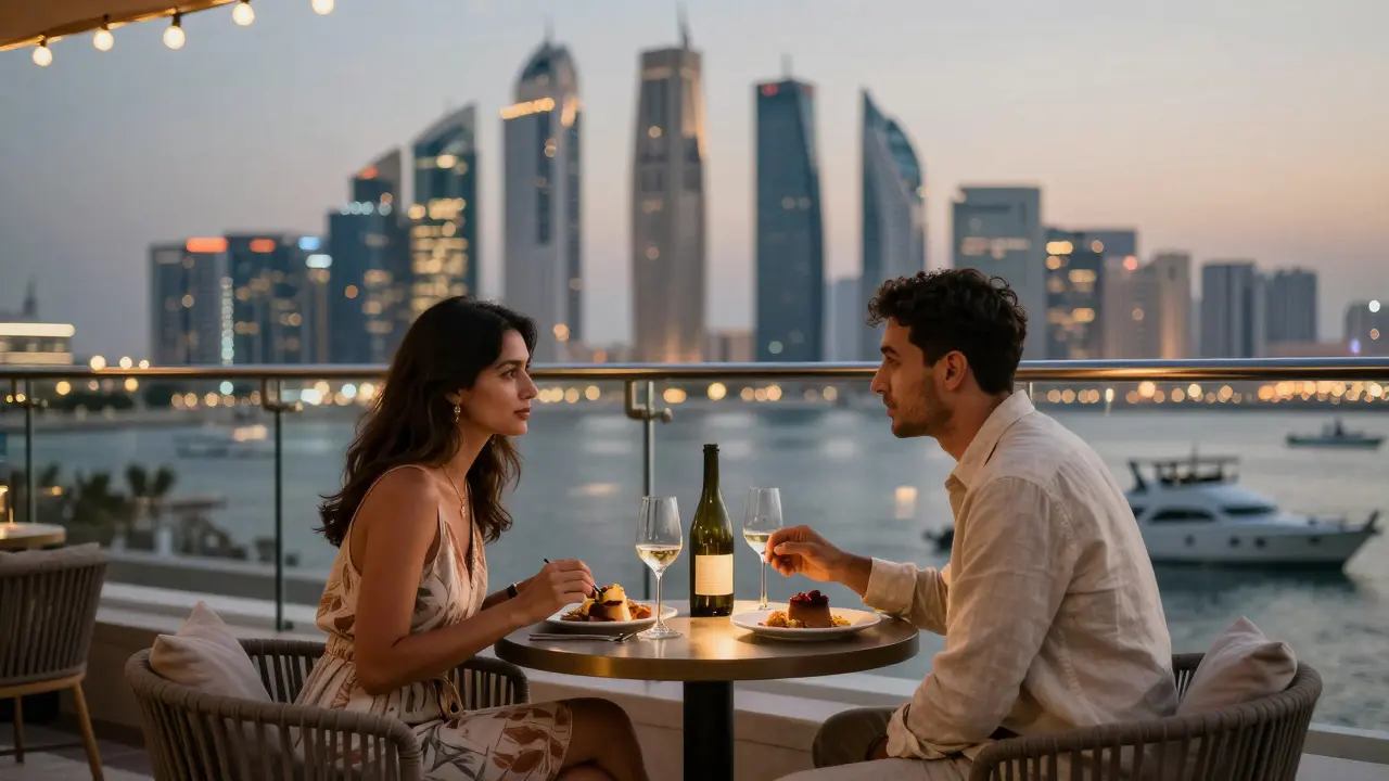 A couple enjoying a refined dinner on a rooftop lounge in Yas Island, with the Abu Dhabi skyline glowing softly in the background.