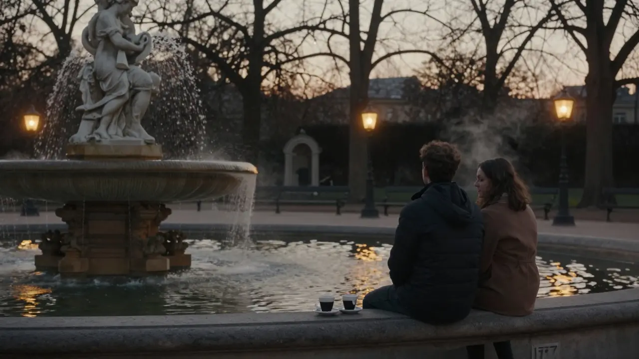 A couple sits near the Medici Fountain in Luxembourg Garden, lanterns glowing softly in the evening air.
