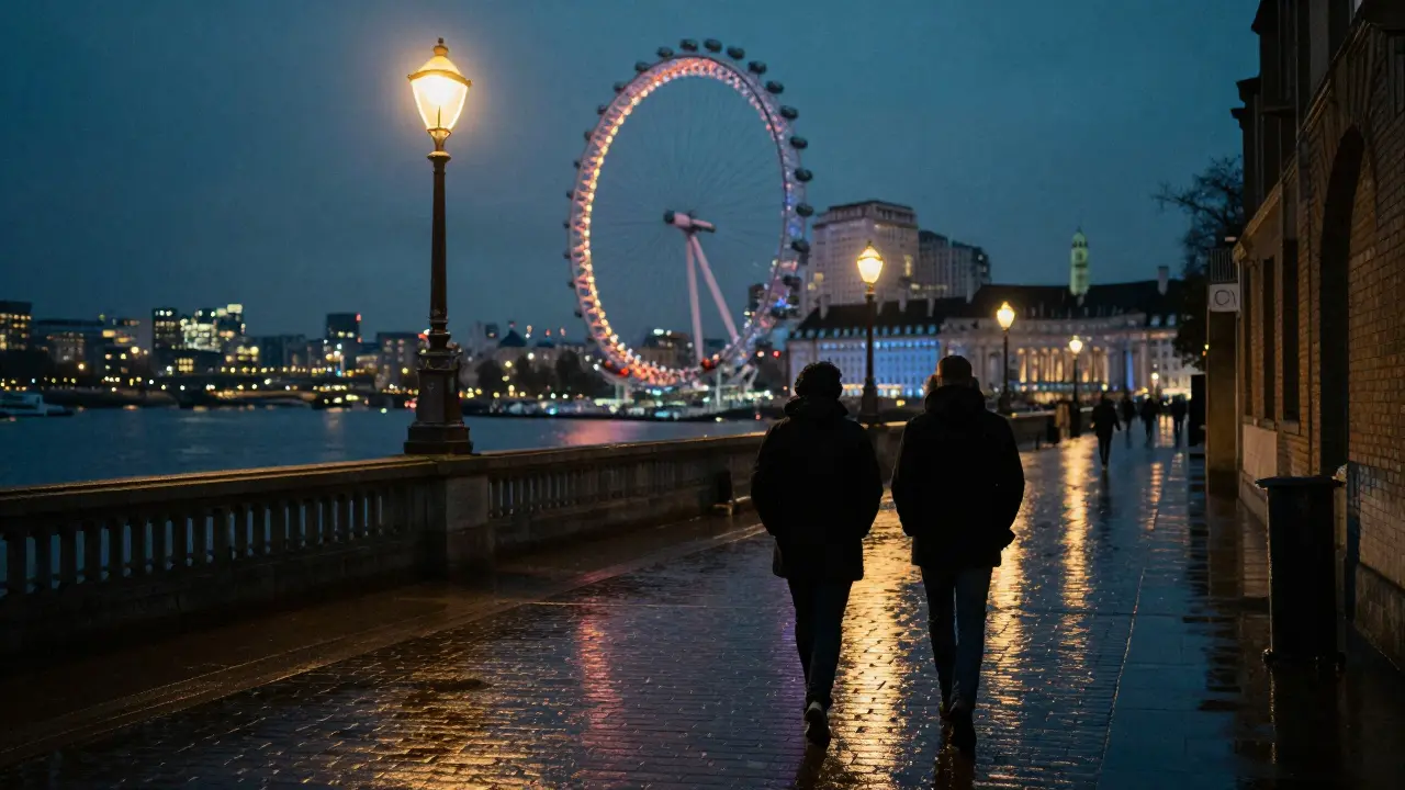 A couple walking along the Thames at night with London Eye glowing in the distance.