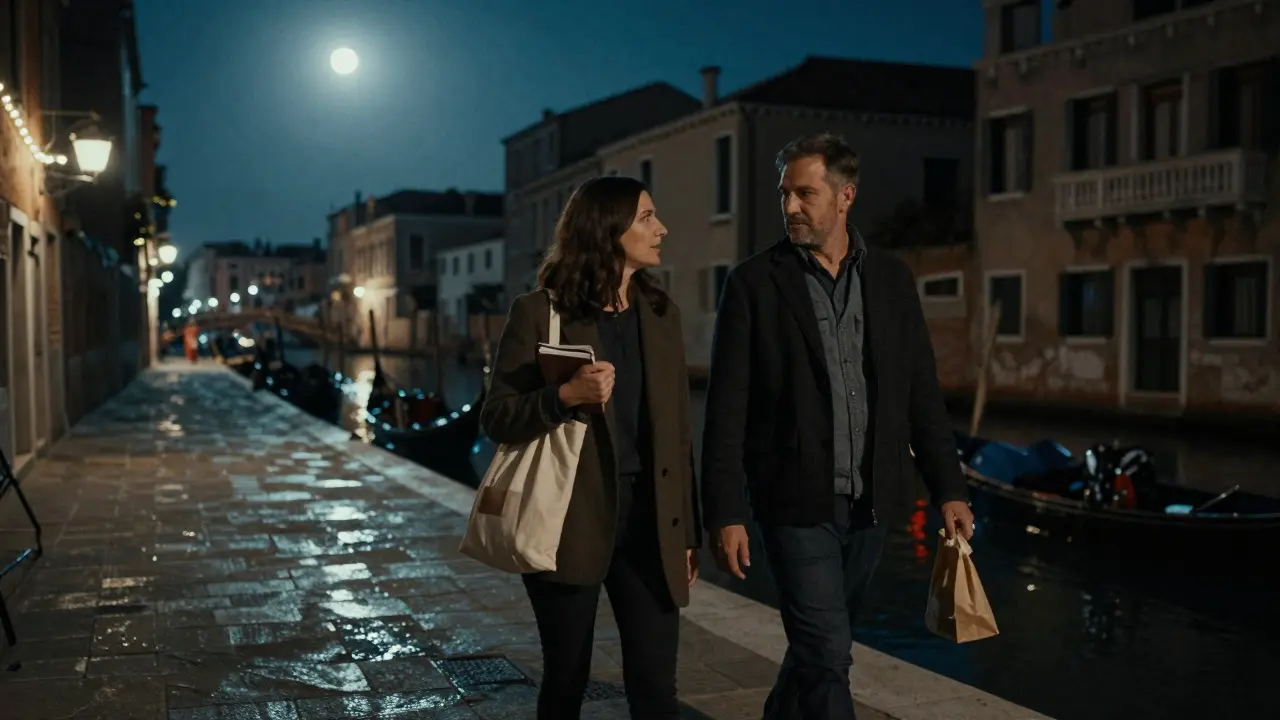 A couple walking peacefully along the Navigli canal at night under soft string lights.