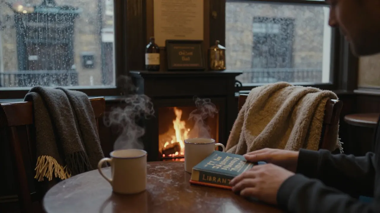 A cozy pub scene with fireplace, tea mugs, and a book left open on the table.