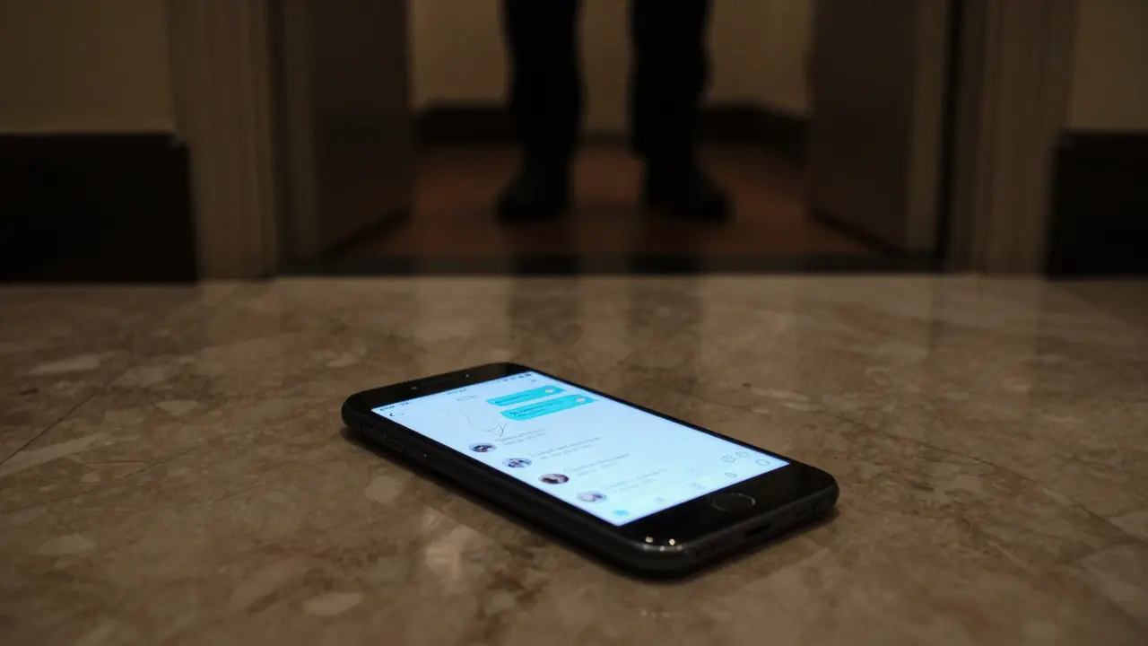 A cracked smartphone on a hotel floor displays mysterious Telegram messages, with a shadowy door in the background, suggesting hidden danger.