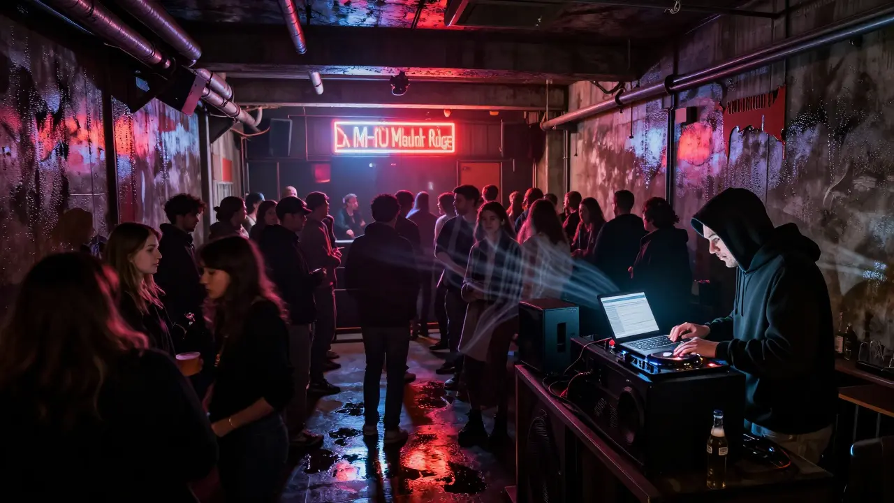 A crowd dances in an industrial warehouse under flickering strobes with deep bass vibrations.