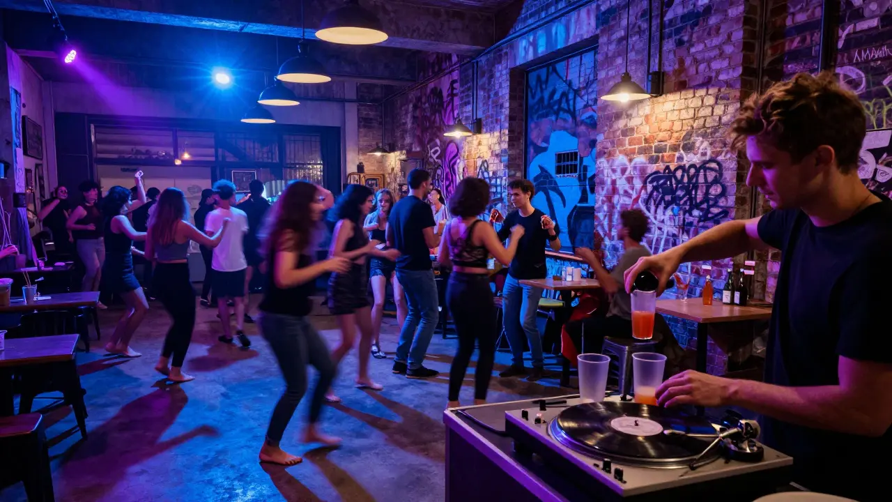 A crowded underground techno club in a converted slaughterhouse with strobe lights and dancers on concrete.