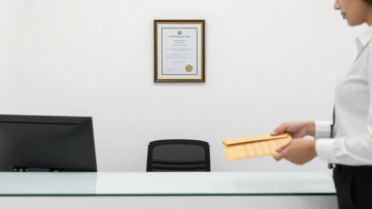 A discreet agency office where a client signs a confidentiality agreement, emphasizing professionalism and privacy.