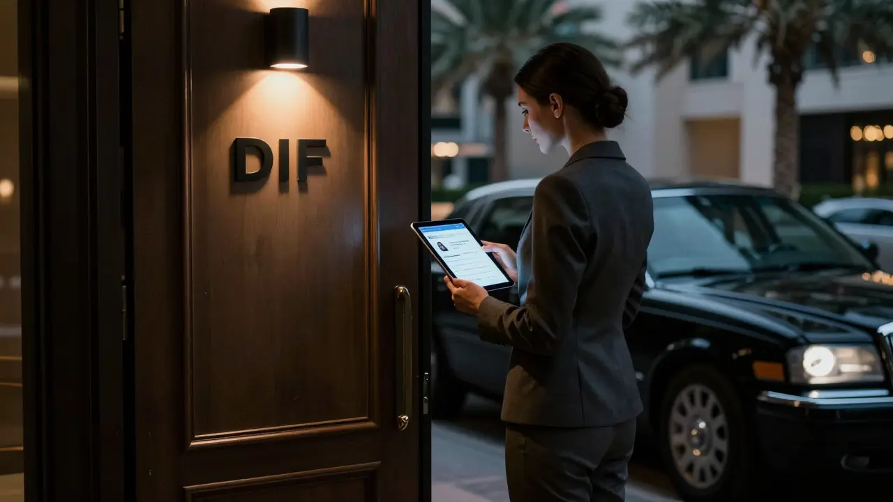 A discreet private club entrance in DIFC where a woman reviews a client profile with no photo, only text, under soft lighting.
