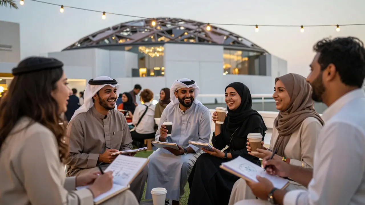 A diverse group enjoying a cultural event at night in Abu Dhabi, laughing together under string lights.