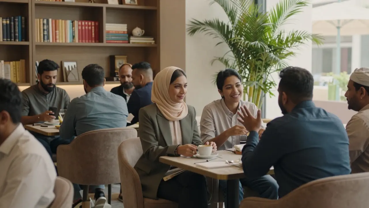 A diverse group of people having calm, respectful conversations in a quiet café in Abu Dhabi.