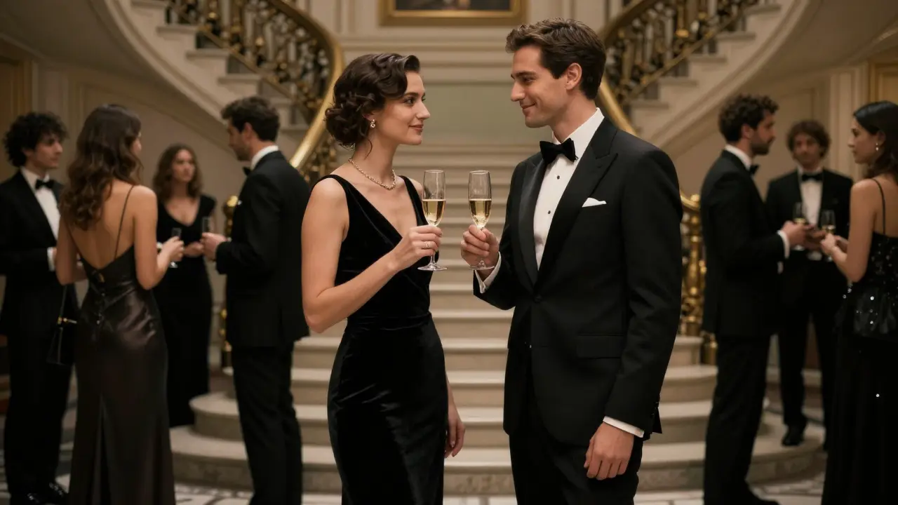 A formally dressed couple at a Milan gala, raising champagne glasses in quiet connection.