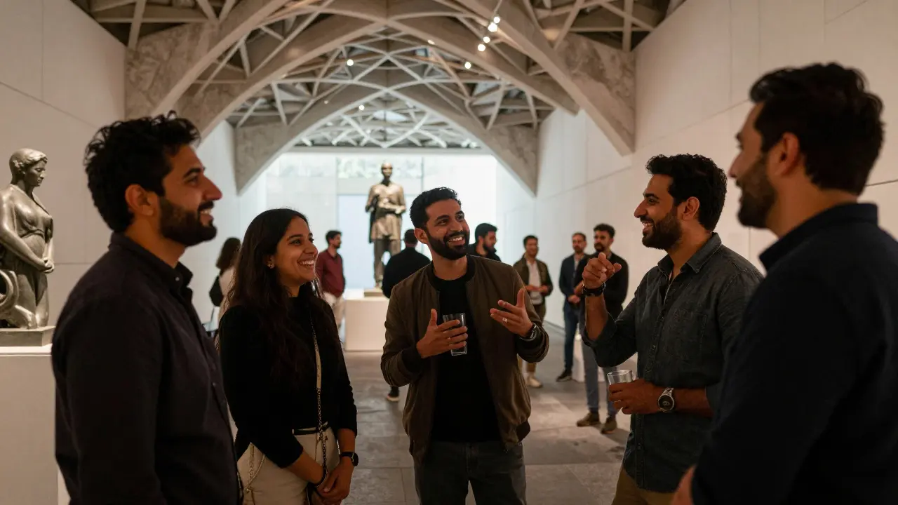 A group of expats and locals engaging at a cultural event in Louvre Abu Dhabi.
