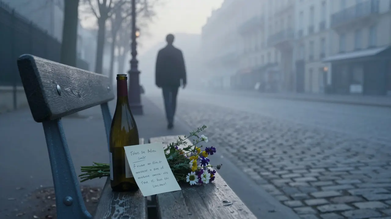 A handwritten note and wine bottle left on a bench beside the Canal Saint-Martin at dawn, empty street in soft fog.