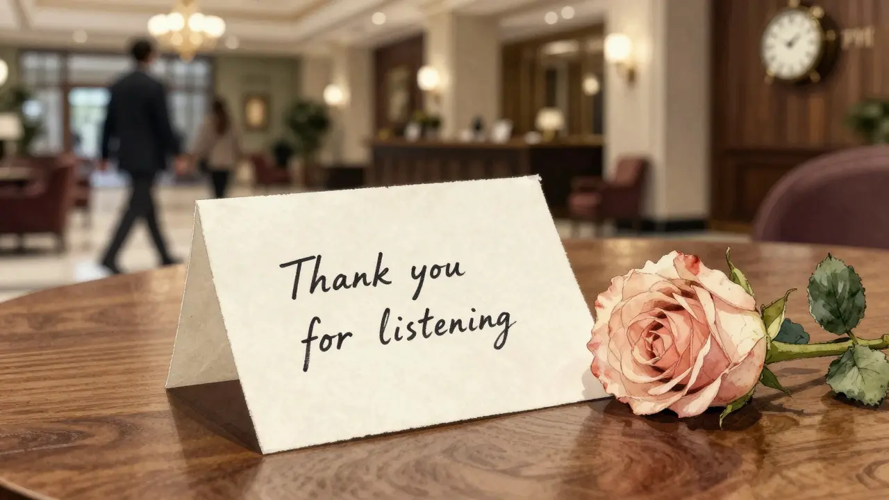 A handwritten thank-you note and a single rose on a hotel lobby table, symbolizing quiet human connection.