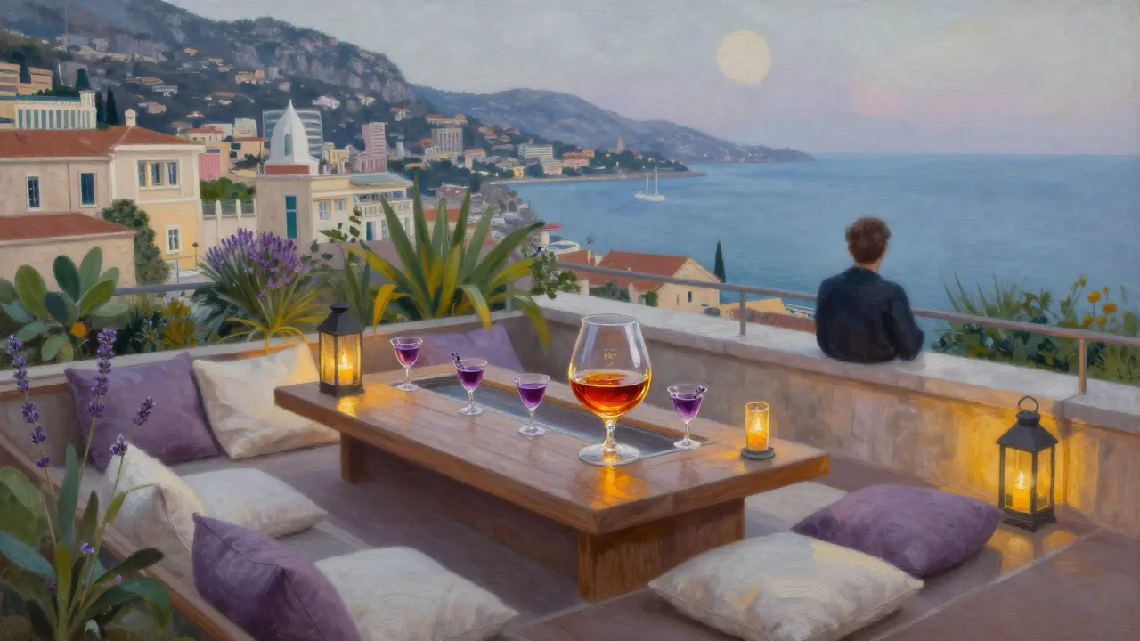 A hidden rooftop garden at Le Plongeon lit by lanterns, with guests sipping rare cocktails.