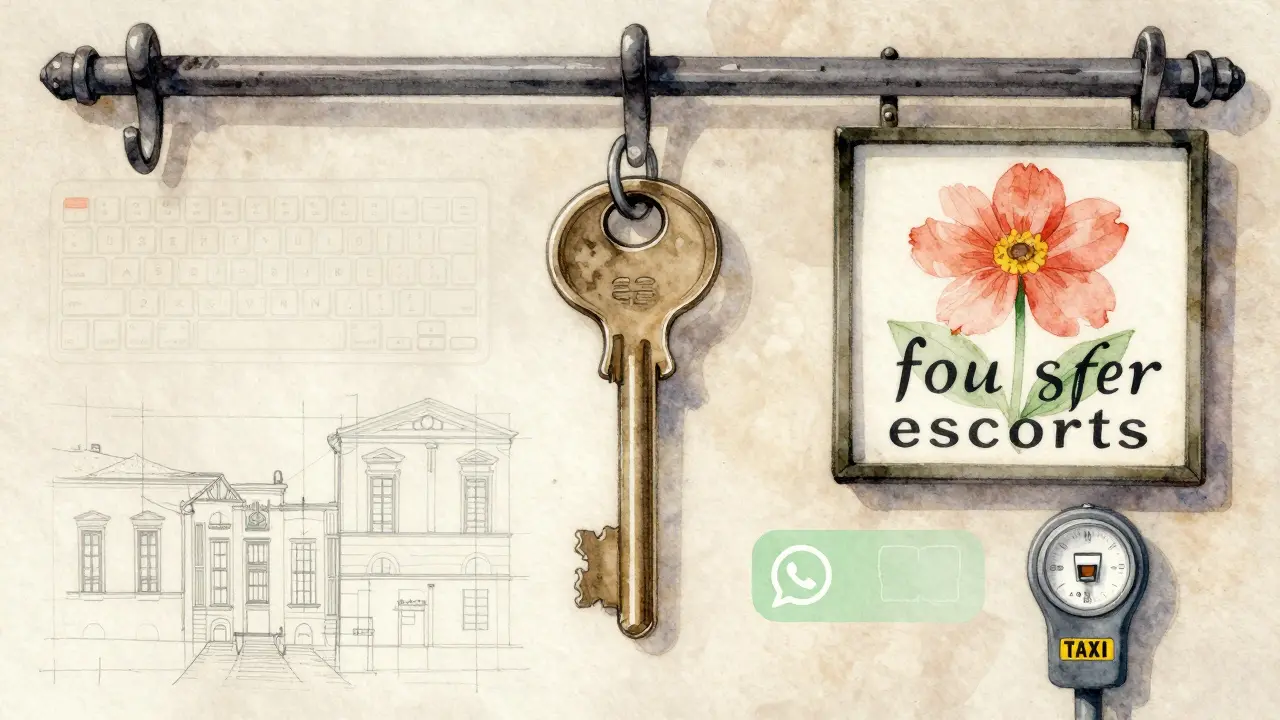 A key hangs beside a flower shop sign, overlaid with symbols of multiple identities: translation, design, and digital communication.
